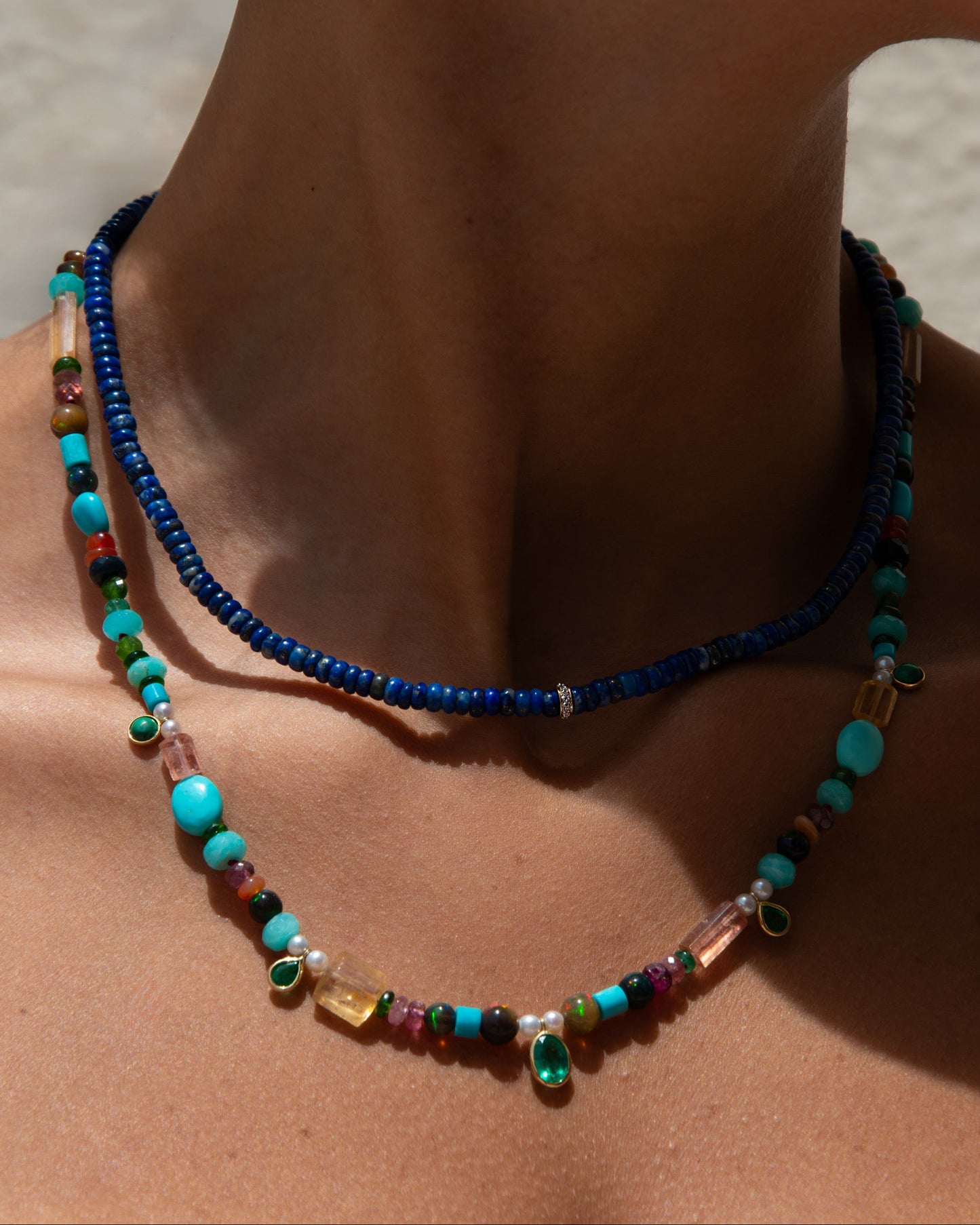 Unique Necklace with five green gemstone drops
