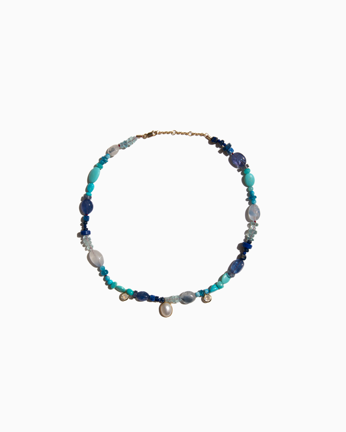 Unique Necklace - Blue with pearl drop and two gemstone drops