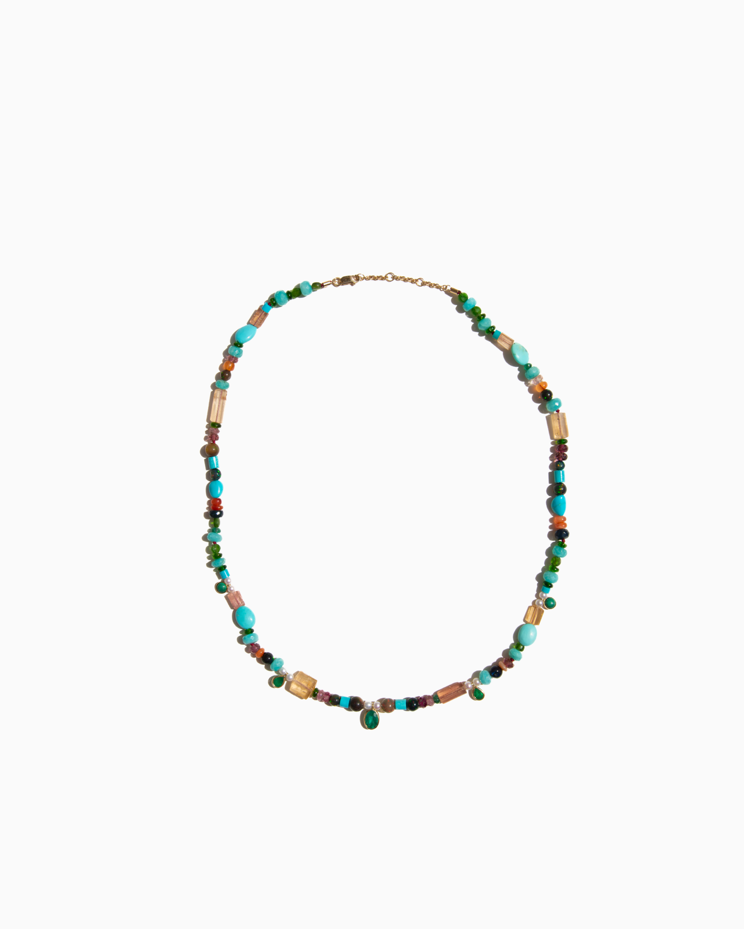 Unique Necklace with five green gemstone drops