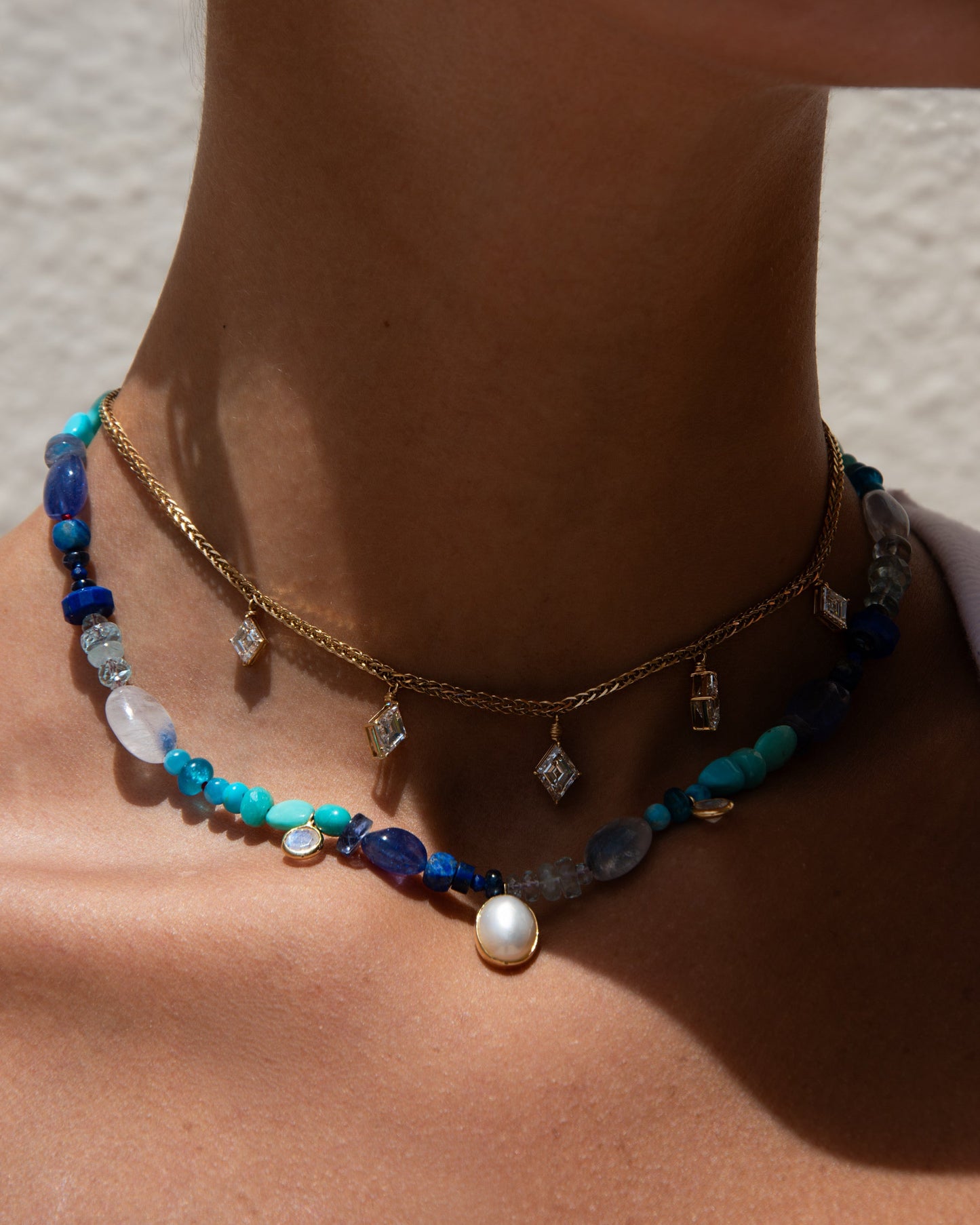 Unique Necklace - Blue with pearl drop and two gemstone drops