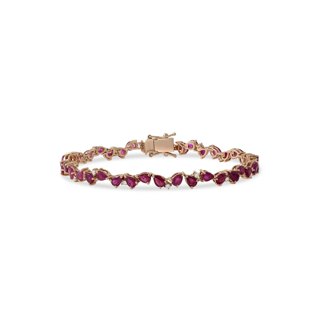 Zigzag Red Ruby Pears with Diamond Droplets Bracelet